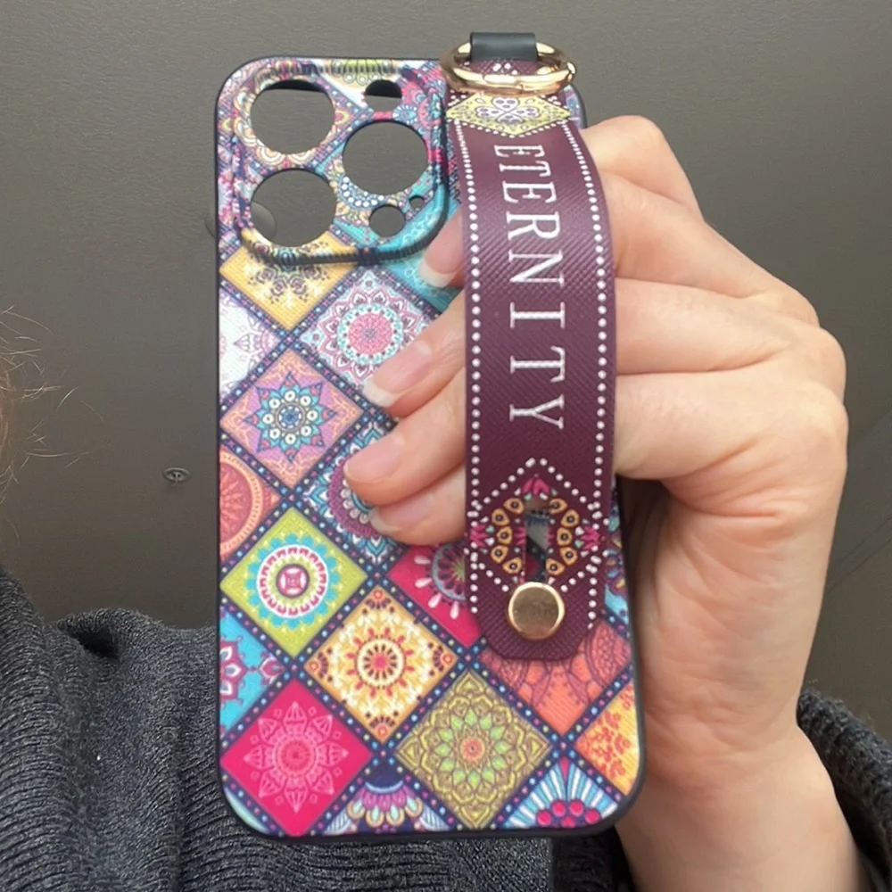 For iPhone 14, 14 pro phone case with wrist strap kickstand keychain ring